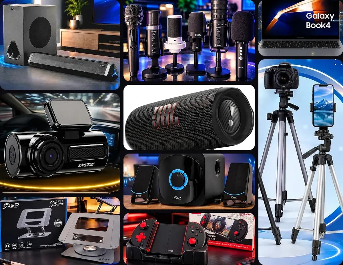 Collage de accesorios: barra de sonido, micrófonos, parlante JBL, cámara para carro, control de juegos, trípode y portátil