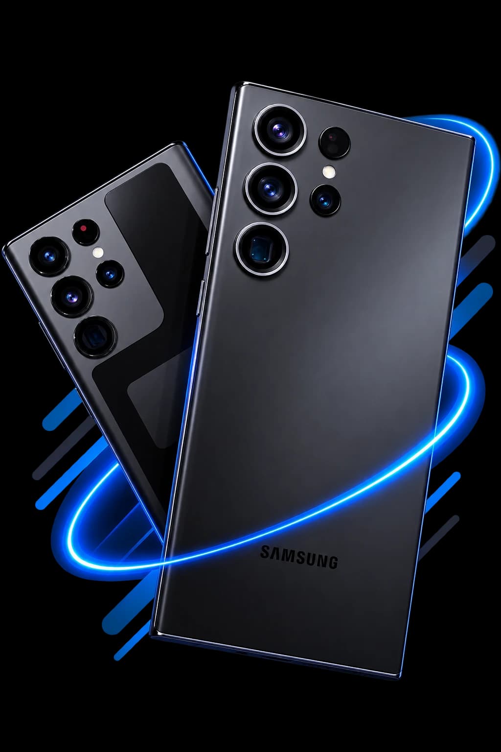 Dos Samsung Galaxy Ultra negros con un aro de luz azul neón
